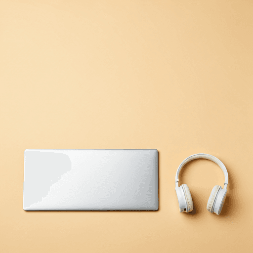 Tech accessories including headphones and laptop