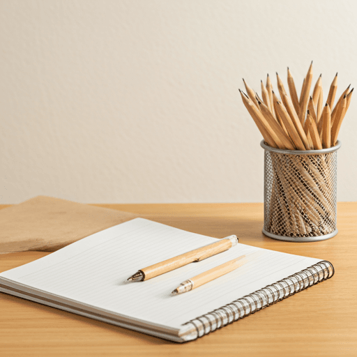 A variety of pens and notebooks on a desk